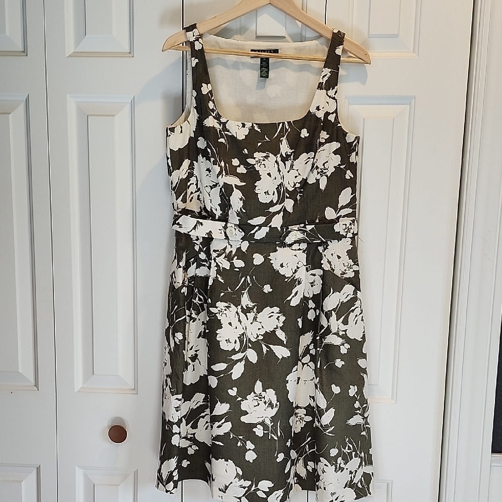 Ralph Lauren Classic Retro Round Neck Pleated Olive Floral 100% Linen Dress 12
